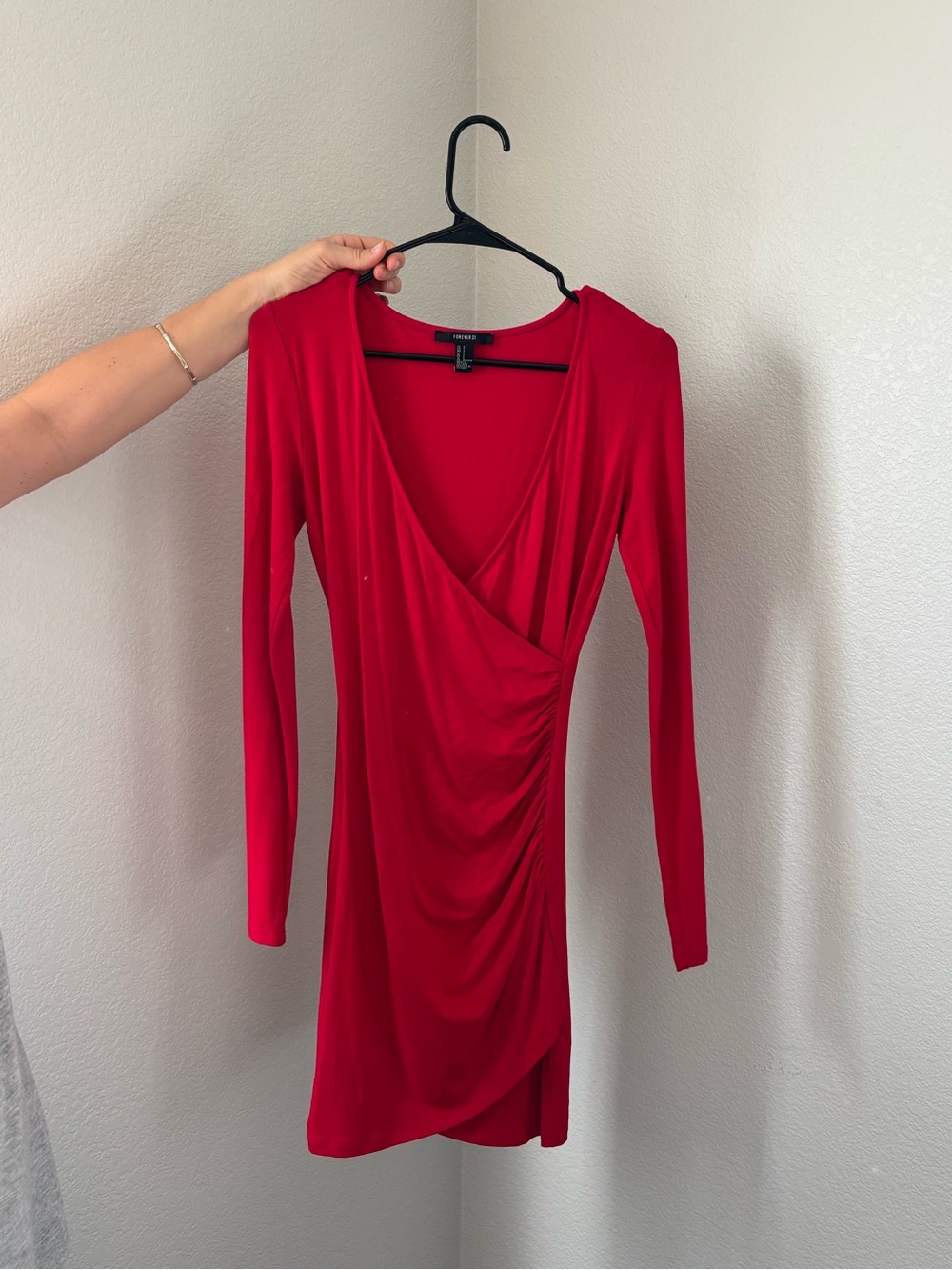 Forever 21 Scarlet Red Long-Sleeve Ruched Wrap Dress